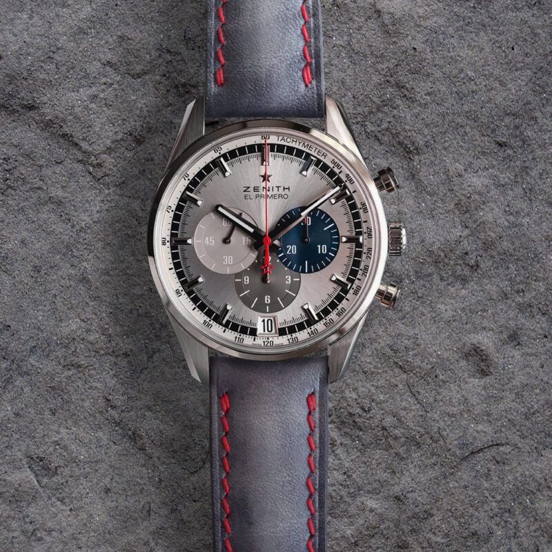 Grey & red leather watch strap. 100% handmade strap, classic, casual style. Fit for many wristwatches. It will be a good addition to your watches: Zenith, Rolex, Tudor, TAG Heuer, Seiko, Omega, IWC, Breitling, Tissot and other fine models.