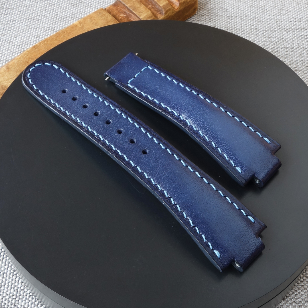 Blue leather watch strap ORIS Aquis for deployment clasp