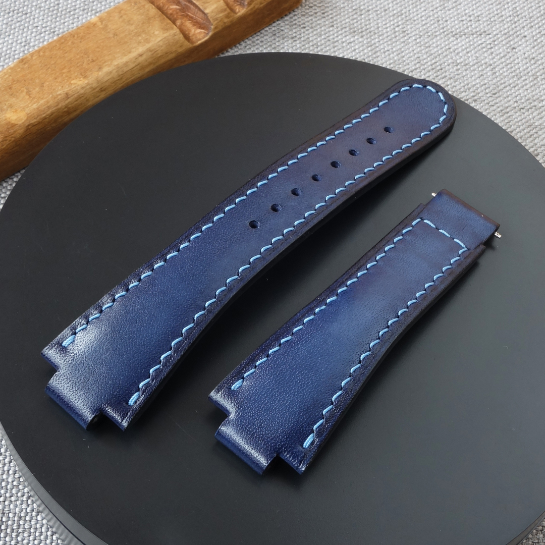 Blue leather watch strap ORIS Aquis for deployment clasp