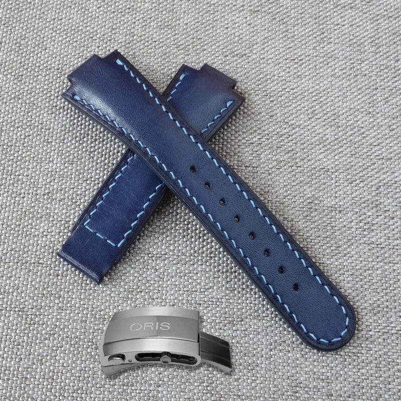 Blue leather watch strap ORIS Aquis for deployment clasp
