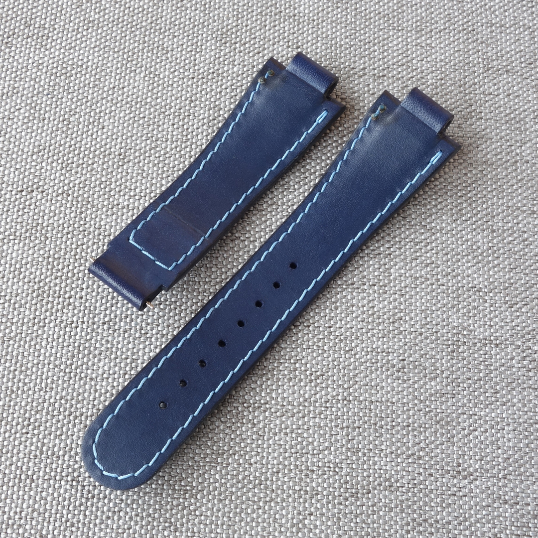 Blue leather watch strap ORIS Aquis for deployment clasp