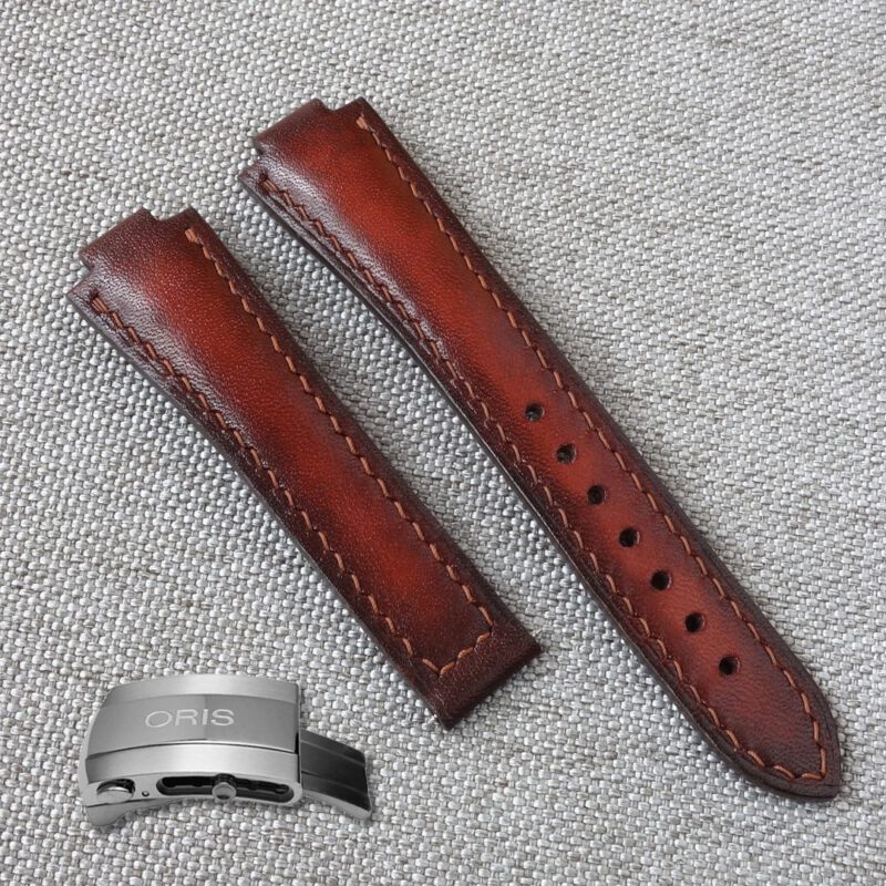 Mahogany Leather watch strap ORIS Aquis for deployment clasp