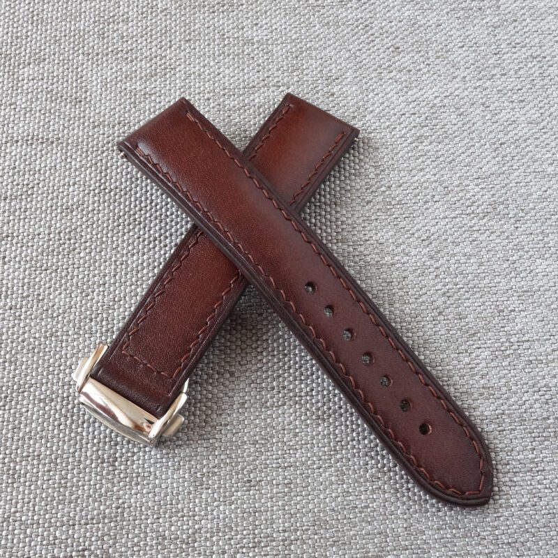 Dark brown handmade watch strap with OMEGA style folding clasp. Suitable for Omega, Rolex, Tag Heuer, Seiko and other watch models.