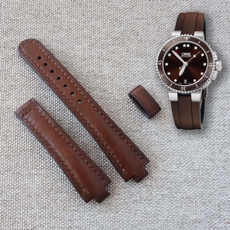 100% handmade watch strap for Oris Aquis Diamond Lady 36mm, ref. 01 733 7652  This strap only fits watches with the original ORIS deployment clasp. Material: Top Quality Genuine Leather