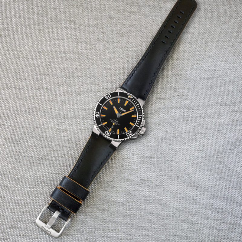 Leather watch strap Black & orange, for Oris Aquis handmade watchband