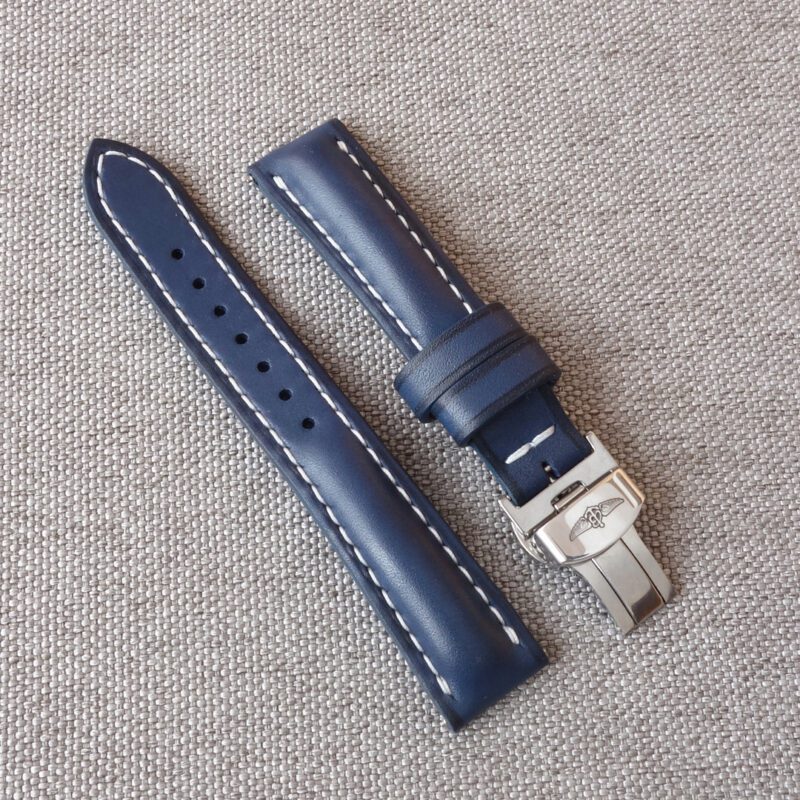 Watch strap for Breitling. Full grain genuine leather, blue color. Width 24, 22, 21, 20, 19, 18mm. Handmade watch band. Fits most Breitling watches.