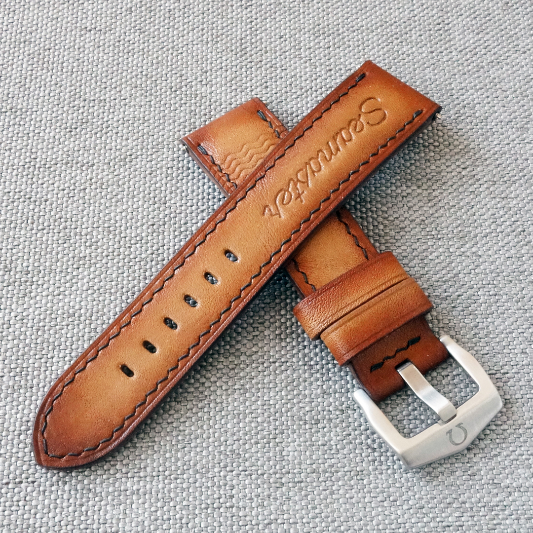 Tan leather watch strap, 100% handmade, fits Omega Seamaster watches. Diver 300m, Planet Ocean and other models. It is possible to produce a strap of any color and size, as desired by the customer.