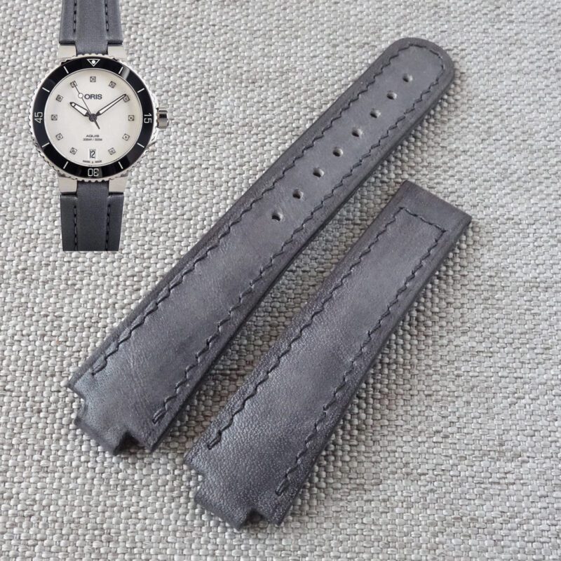 Grey leather strap for Oris Aquis. 100% handmade watch band, fits Oris Aquis case size 36mm, 36.5mm ref. 01 733 7652,  01 733 7770, 01 733 7731 and others This strap only fits watches with the original ORIS deployment clasp. Material: Top Quality Genuine Leather • Width Lug size: 18mm or 19mm /  Buckle width: 14mm or 16mm