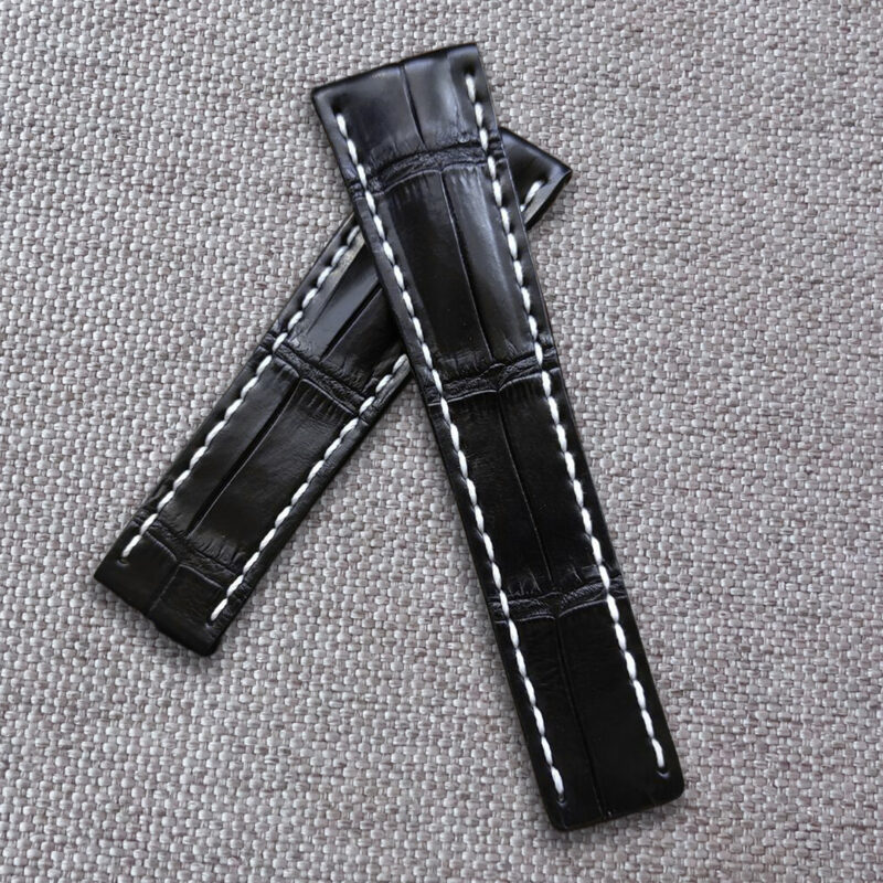 Handmade Black crocodile alligator leather watch strap for Breitling, and any watches with deployment clasp. Lug size: 24, 22mm  / Clasp width: 20mm Suitable for Breitling models: Avenger, B01, Chronomat, Galactic, Navitimer, Superocean, Heritage, Colt, Professional, Blackbird, Transocean Material: top quality genuine crocodile / alligator leather.