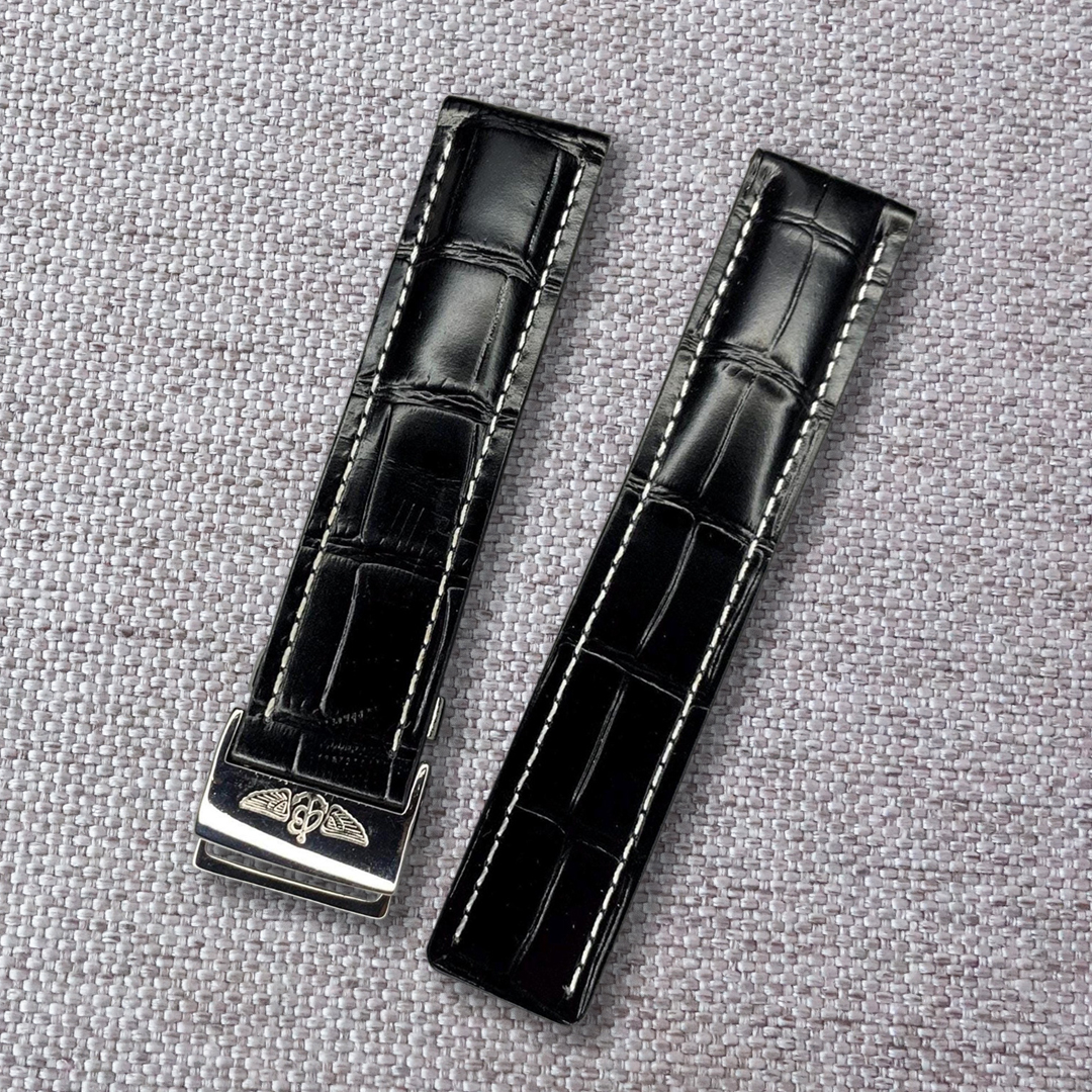 Handmade Black crocodile alligator leather watch strap for Breitling, and any watches with deployment clasp. Lug size: 24, 22mm / Clasp width: 20mm Suitable for Breitling models: Avenger, B01, Chronomat, Galactic, Navitimer, Superocean, Heritage, Colt, Professional, Blackbird, Transocean Material: top quality genuine crocodile / alligator leather.