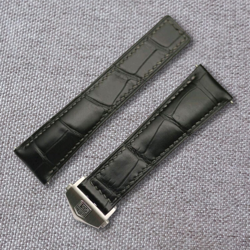 Handmade Black crocodile alligator watch strap for TAG Heuer, and any watches with deployment clasp. Lug size: 22, 21, 20mm / Clasp width: 18mm Suitable for Breitling models: Carrera, Aquaracer, Formula 1, Monaco Material: top quality genuine crocodile / alligator leather.