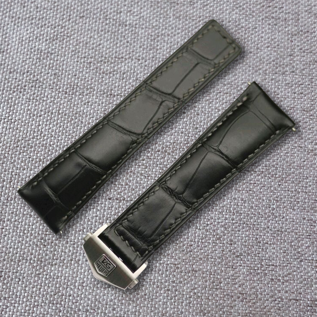 Handmade Black crocodile alligator watch strap for TAG Heuer, and any watches with deployment clasp. Lug size: 22, 21, 20mm / Clasp width: 18mm Suitable for Breitling models: Carrera, Aquaracer, Formula 1, Monaco Material: top quality genuine crocodile / alligator leather.
