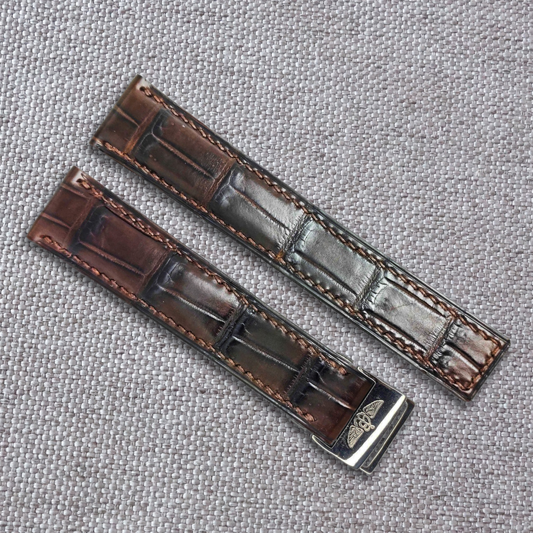 Handmade Brown crocodile alligator leather watch strap for Breitling, and any watches with deployment clasp. Lug size: 24, 22mm / Clasp width: 20mm Suitable for Breitling models: Avenger, B01, Chronomat, Galactic, Navitimer, Superocean, Heritage, Colt, Professional, Blackbird, Transocean Material: top quality genuine crocodile / alligator leather.