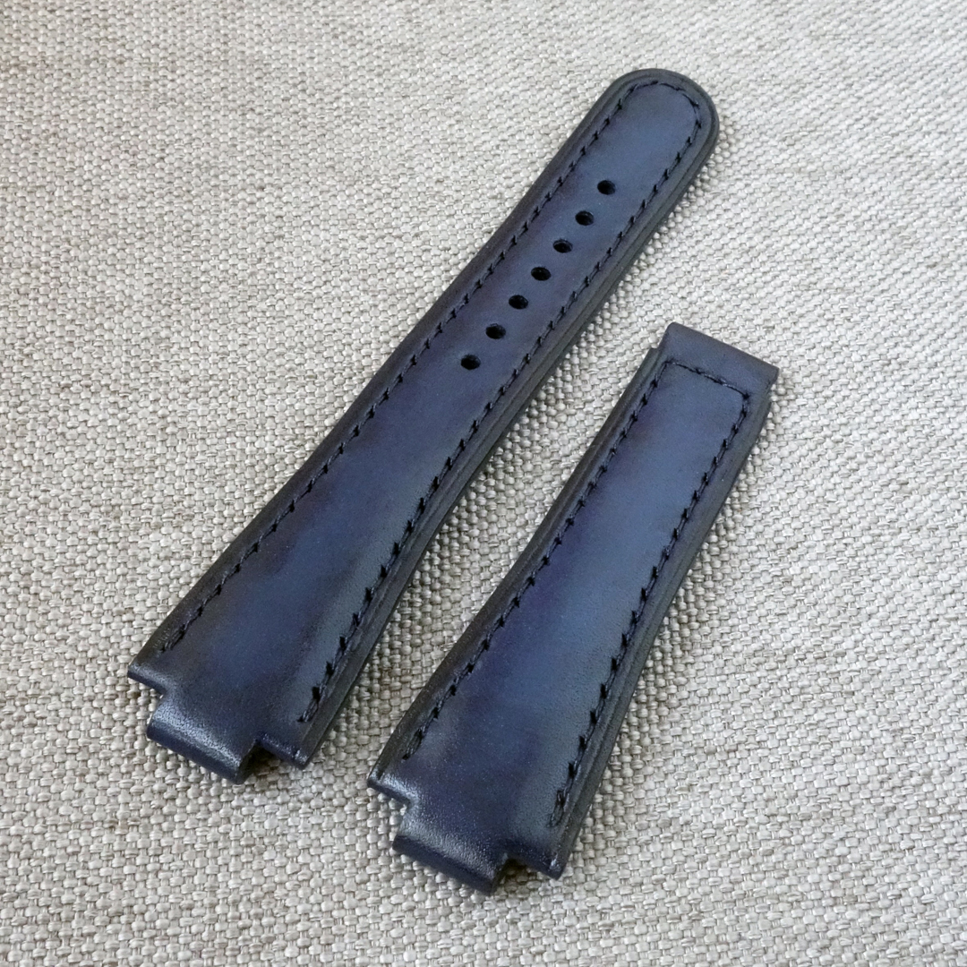 Dark blue leather watch strap ORIS Aquis for deployment clasp - Image 3
